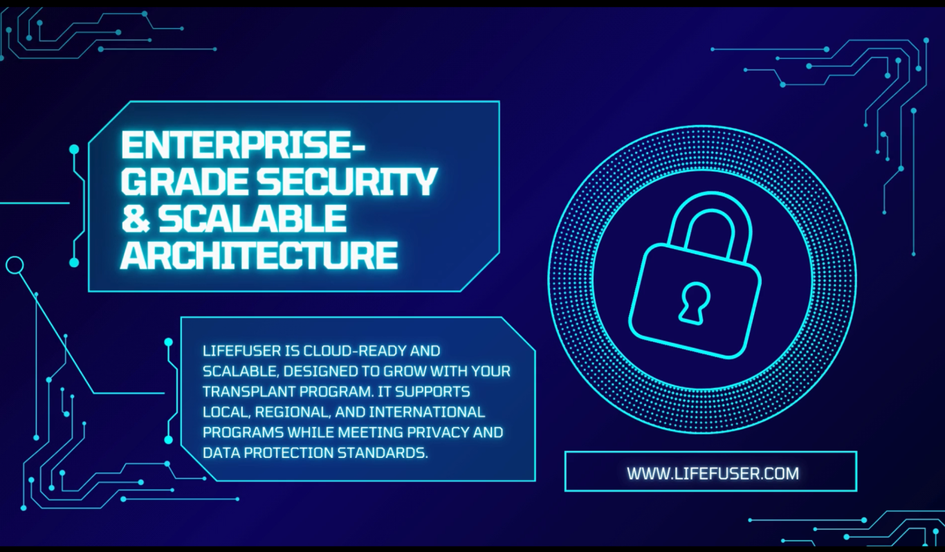 Digital illustration of a secure transplant data center with glowing shield icons representing cybersecurity and HIPAA compliance, centered 