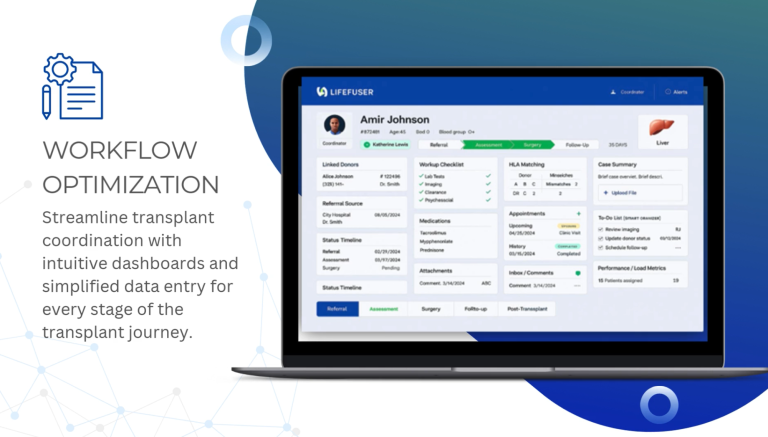 LIFEFUSER transplant coordination dashboard displayed on a laptop for workflow optimization