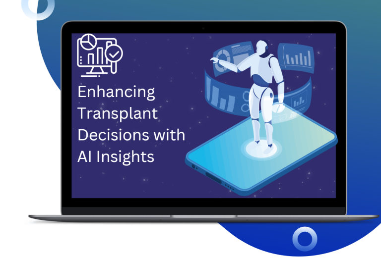 Illustration of a robot presenting data on AI insights for transplant decisions.